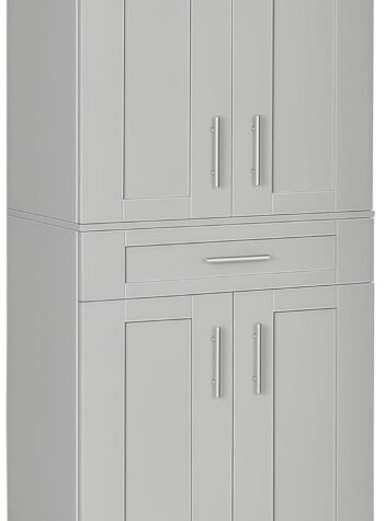 72" Kitchen Pantry Cabinet, Freestanding Tall Storage Cabinet with 4 Doors, Drawer and 3 Adjustable Shelves for Dining Room, Gray