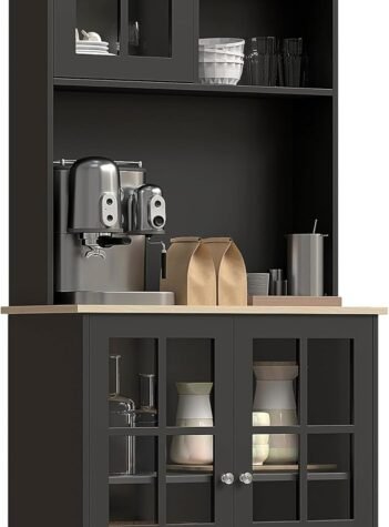 Kitchen Pantry Storage Cabinet, 72" Freestanding Cabinet with Hutch, Large Countertop, Glass Doors and Adjustable Shelves for Dining Room, Black