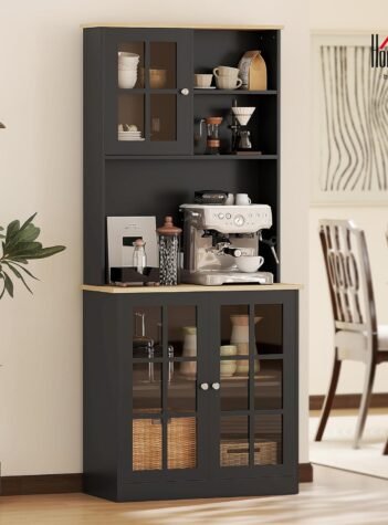 Kitchen Pantry Storage Cabinet, 72" Freestanding Cabinet with Hutch, Large Countertop, Glass Doors and Adjustable Shelves for Dining Room, Black