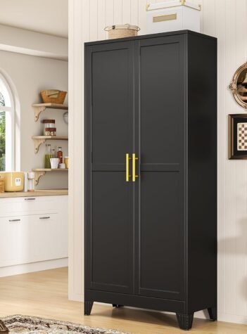 71" Tall Metal Pantry Storage Cabinet with Doors and 4 Adjustable Shelves, Black Kitchen Food Pantry Cabinets, Tall Freestanding Cupboard for Kitchen, Dining Room or Living Room, Black