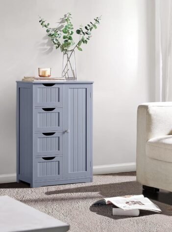 Bathroom Floor Cabinet, Freestanding Storage Organizer Unit Kitchen Cupboard W/ 4 Drawers & Adjustable Shelves, Using for Kitchen/Bathroom, Gray